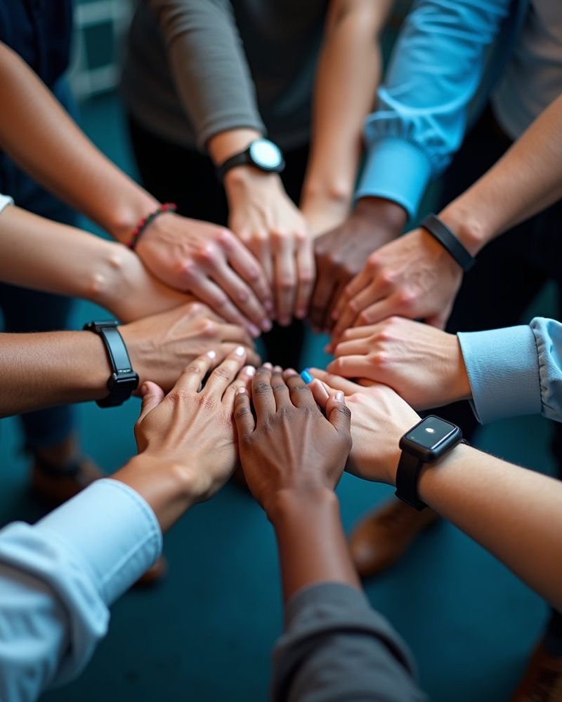 An overhead view of a diverse group of people putting their hands together in a circle, representing the BuildSolo community of self-built founders