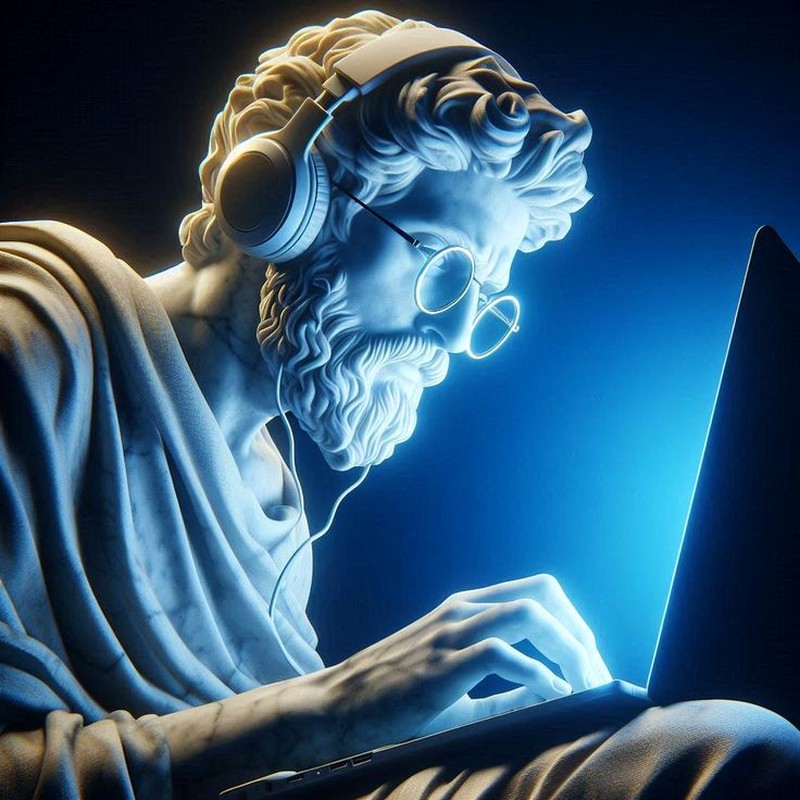 A classical marble statue wearing headphones and glasses, working on a glowing laptop, representing mastering modern tools and building it all yourself